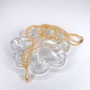 Vintage Creamy Gold Faux Pearl Double Strand Necklace w/ Teardrop Center Bead